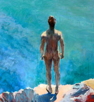 Nude man waiting undecided and immobile on red cliff